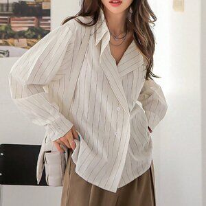 White Elegant Women's Striped Print Drop Shoulder Shirt